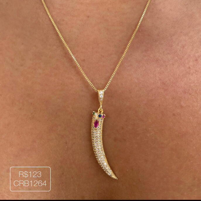 Colar Dente Cravejado Cristal c/ Navete Rosa Dourado